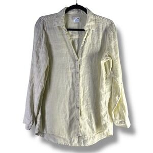 Sigrid Olsen Womens Sz Small Linen Striped Button Down Shirt Yellow White Beach